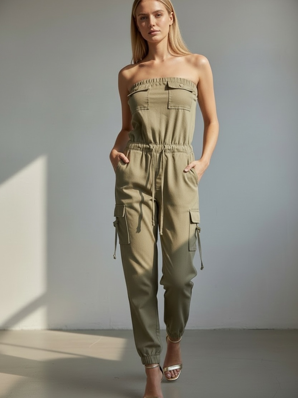 Strapless Olive Cargo Jumpsuit Size S